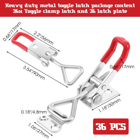 36 Pack Toggle Latch Clamps With Adjustable 330 Lbs Holding Power, red handle, stainless steel, labeled dimensions