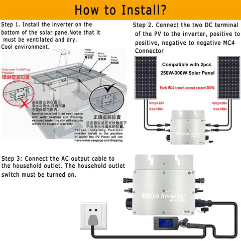 How to install Rock Solid Six Hundred Watt Solar Grid Tie Micro Inverter with connection steps and panel installation guide.