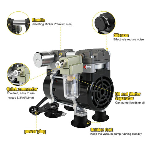 Front view of Oil Free Lab Vacuum Pump With Silencer, 50L Per Min Flow, showing connectors, silencer, and power plug.