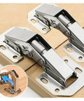 Rotating Concealed Cabinet Hinges Set For No Drill Installation In Stainless Steel Finish, close-up of hinge mounted on wood