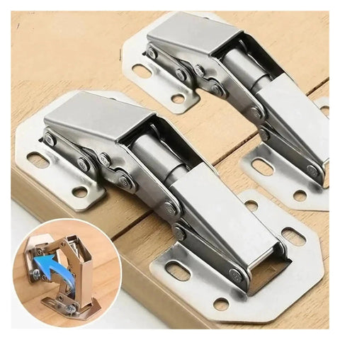Rotating Concealed Cabinet Hinges Set For No Drill Installation In Stainless Steel Finish, close-up of hinge mounted on wood