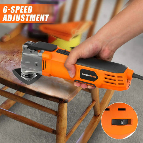 Beast Oscillating Multitool Kit 4.2 Amp with 5 Degree Oscillation, orange handle, in use on wooden furniture