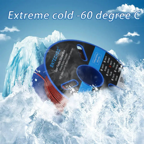 22 Gauge Red And Black Parallel Silicone Wire spool with icy background indicating extreme cold resistance