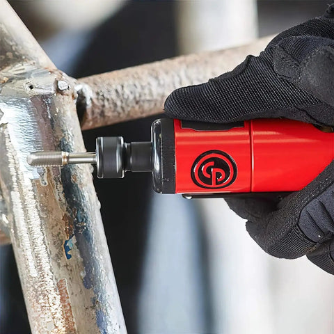 Air Die Grinder Tool 0.63 HP 27 000 RPM Quarter Inch Collet Straight Head Heavy Duty Pneumatic Grinder in use on metal surface