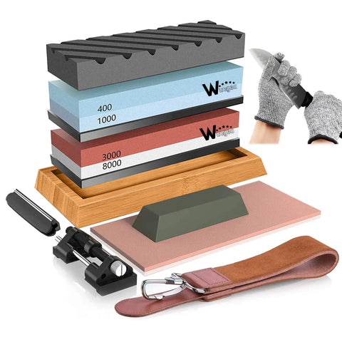 Pro Grade Knife Sharpening Stone Kit With 400 1000 And 3000 8000 Grit Wet Whetstones, Non Slip Bamboo Base, Angle Guide, Flat