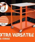 Rock Solid Welding Workbench Table 35X24 Inches With Lockable Swivel Casters And Adjustable Tool Tray on wheels with hooks.