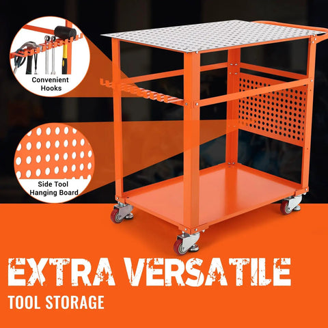 Rock Solid Welding Workbench Table 35X24 Inches With Lockable Swivel Casters And Adjustable Tool Tray on wheels with hooks.