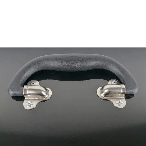 Close-up of red handle on 16 Inch Portable Steel Heavy Duty Tool Box With 18 Gauge Construction, Metal Latch And Red Handle, Flat Top Carry Box