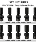 Three Eighths Inch Drive Shallow Universal Impact Socket Set Built Tough For Tight Spots 6 Point Metric CrMo Swivel Head Includes 8mm Through 22mm 15 Piece Chrome Molybdenum Steel With Black Phosphate Finish And Flexible Reach with 10 pieces from 10mm to 19mm in view.