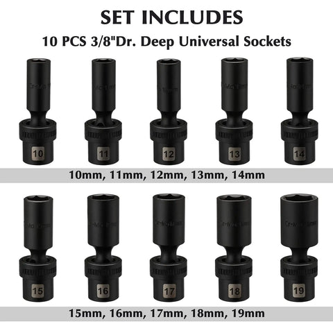 Three Eighths Inch Drive Shallow Universal Impact Socket Set Built Tough For Tight Spots 6 Point Metric CrMo Swivel Head Includes 8mm Through 22mm 15 Piece Chrome Molybdenum Steel With Black Phosphate Finish And Flexible Reach with 10 pieces from 10mm to 19mm in view.