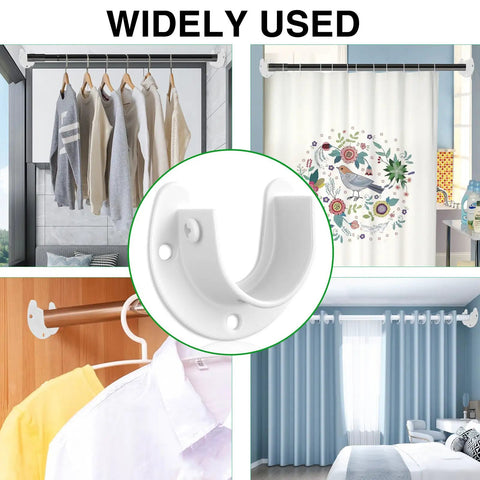 Heavy Duty White Closet Rod Brackets Built Different Stainless Steel U Shaped Wall Mount Sockets For Home Organization with Quick Setup Hardware Included, showing versatile use in various settings.