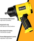 Badass Half Inch Air Impact Wrench Delivers 1750 Ft Lbs Of Serious Torque At 8000 Rpm To Easily Break Loose Jammed Bolts Along With A Full 10 Piece Socket Kit, featuring ergonomic grip and twin hammer mechanism.
