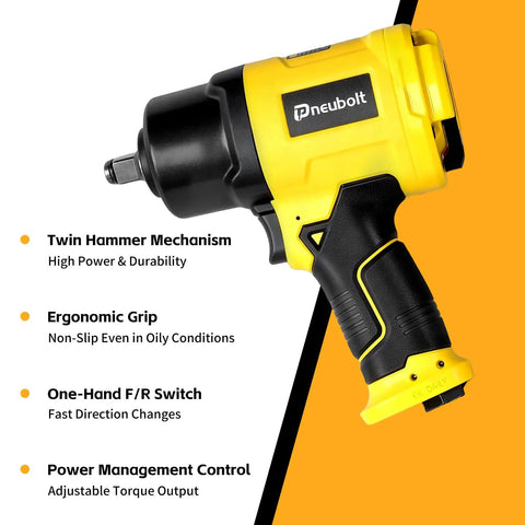Badass Half Inch Air Impact Wrench Delivers 1750 Ft Lbs Of Serious Torque At 8000 Rpm To Easily Break Loose Jammed Bolts Along With A Full 10 Piece Socket Kit, featuring ergonomic grip and twin hammer mechanism.