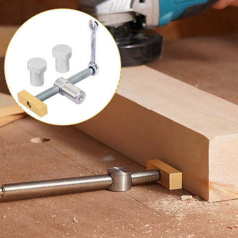 2 Pack Three Quarter Inch Bench Dog Clamps Set With 4 Bench Dogs, CNC Precision Machined Low Profile Woodworking Clamps, Stainless Steel and Brass, Easy to Use for a Rock Solid Hold in Woodworking Projects. Bench dog clamp in 3/4 in dog hole securing a wood board