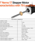 Angled side view of NEMA 17 stepper motor with TR8x8 lead screw and brass nut