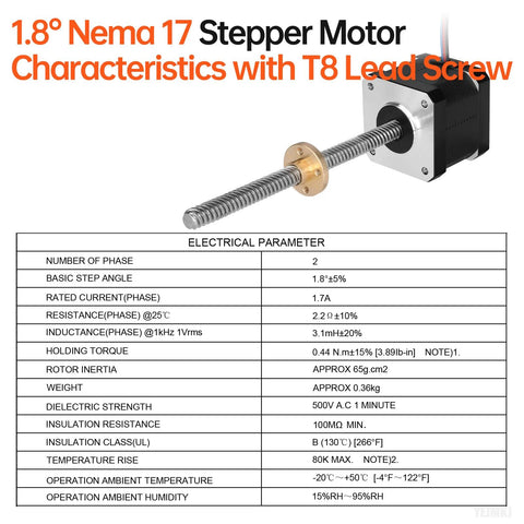 Angled side view of NEMA 17 stepper motor with TR8x8 lead screw and brass nut