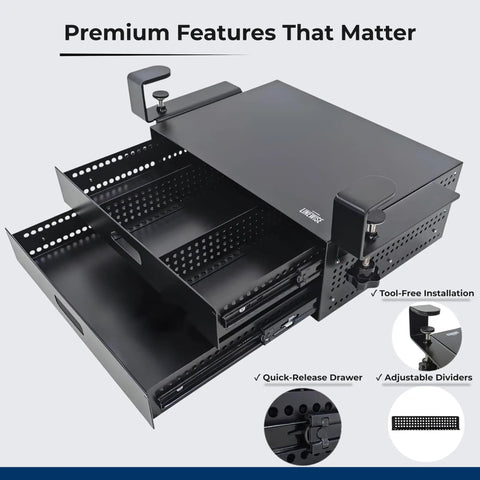 Heavy Duty Carbon Steel Clamp On Under Desk Slide Out Tray Rock Solid Metal Bin No Sweat Setup Super Slick Glide keeps desk clutter in check with adjustable dividers.