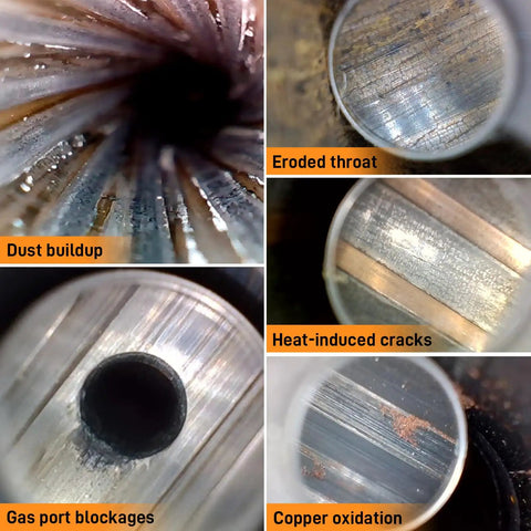 Bore images showing dust buildup, eroded throat, heat-induced cracks, gas port blockages, and copper oxidation using Rifle Borescope USB-C.