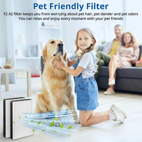Girl with dog beside Two Pack F2 A2 Replacement Filters For Filtrete Room Models FAP-C02WA-G2 FAP-C03BA-G2 FAP-T03BA-G2 on floor.