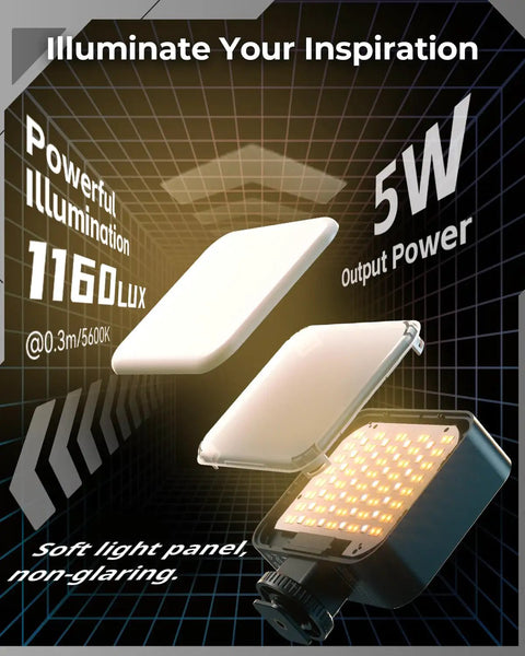 Vibe P96 Pro LED Video Light For Camera showcasing soft light panel and 5W power, 1160Lux at 0.3m, cold shoe mount visible.
