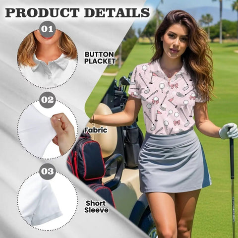 Woman on golf course in Women's Moisture-Wicking Golf Polo Shirt And Visor Set, pink 1/4 button short sleeve top, USA themed print.