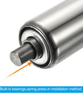 Close-up of Top Shelf Heavy Duty Stainless Steel Conveyor Rollers 3 Inch Diameter 22 Inch Length showing built-in bearings.