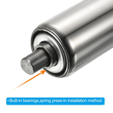 Close-up of Top Shelf Heavy Duty Stainless Steel Conveyor Rollers 3 Inch Diameter 22 Inch Length showing built-in bearings.