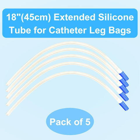 Five 18-inch silicone catheter leg bag extension tubes with blue connectors