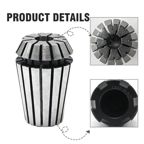 Product details of One Quarter To One Half Inch Router Bit Extension Collet Adapter with ER20 spring collet and M type nut wrench.