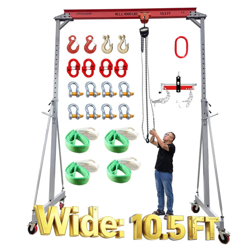 Heavy Duty 10.5 Foot Adjustable Gantry Crane With 4000 Lb Capacity, Height Range 9.85 To 13.9 Feet, Portable Garage Hoist And Rigging Kit in use