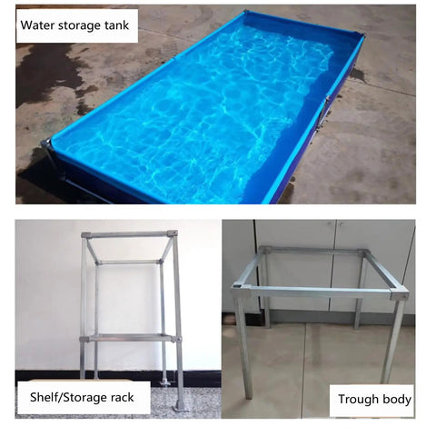 Heavy Duty Three Way Elbow Pipe Connector For Industrial Shelving And Fence Rails Made Of Super Strong Aluminum Alloy For Solid DIY Storage Build, shown with water tank and storage rack.