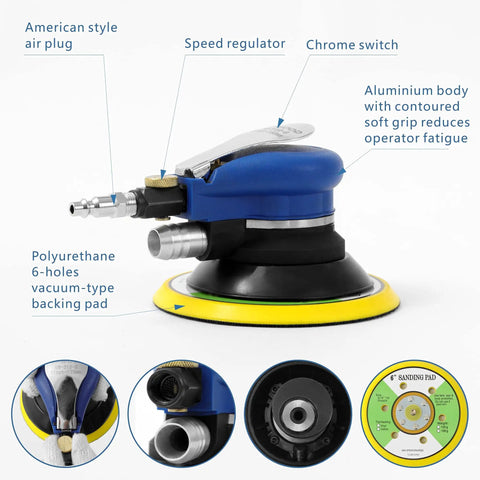6 Inch Vacuum Orbital Sander With Dust Bag And Hose For Auto Body And Woodworking, Self Vacuum, Includes Ten 6 Hole Sandpapers