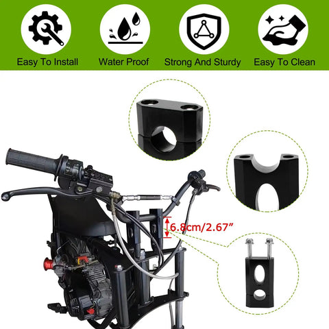 Black 7/8 Inch Handlebar Risers Clamp for Dirt Bikes, 22mm Mount, shown on bike frame with measurement details