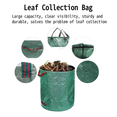 Green reusable leaf collection bag with handles, large capacity shown filled with leaves, part of Heavy Duty Garden Kneeler And Seat package.