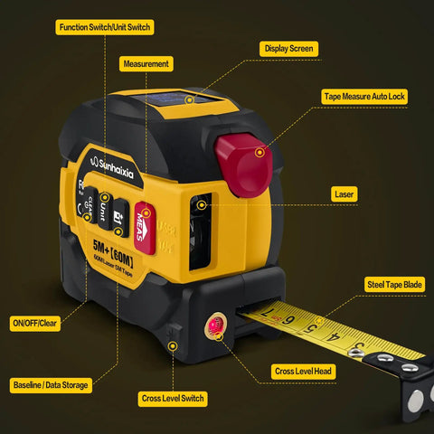 Pro Grade Laser Tape Measure With Integrated Crosshair Level 196 Ft Digital Range Finder Ip54 Waterproof Build Straight Shooting Layout Aid For No Fuss Job Site Work