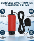 No Strings Attached Cordless Lithium-Ion Submersible Water Transfer Pump Workhorse with 120L/H Flow and 5m Head Fits 18V Batteries for Garden Pool Sump with 19mm Outlet, red pump with cable and battery compatibility.