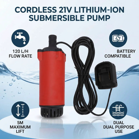 No Strings Attached Cordless Lithium-Ion Submersible Water Transfer Pump Workhorse with 120L/H Flow and 5m Head Fits 18V Batteries for Garden Pool Sump with 19mm Outlet, red pump with cable and battery compatibility.
