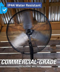 Beefy 24 Inch Outdoor Wall Mount Fan With 6800 CFM Airflow 80 Degree Oscillation Water Resistant on wooden wall