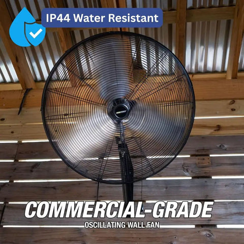 Beefy 24 Inch Outdoor Wall Mount Fan With 6800 CFM Airflow 80 Degree Oscillation Water Resistant on wooden wall