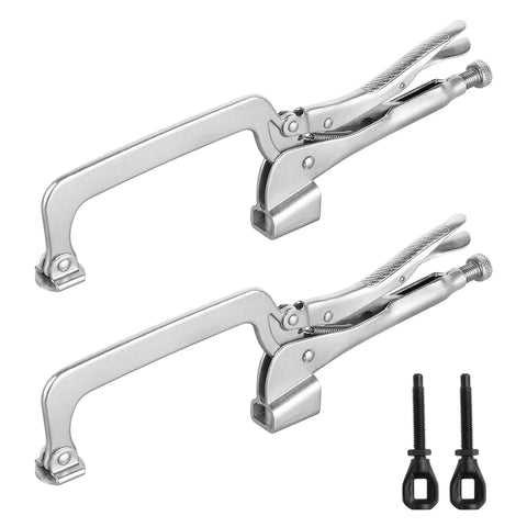 Two Pack 14 Inch Bench Clamp System For Welding Tables Heavy Duty C Clamps With M8 Bolts Deep Reach Jaw Four Seven Eight Inch Throat Five And Five Eighth Inch Table Mounted Ideal For Welding Woodworking Drilling Routing And Assembly, silver steel clamps