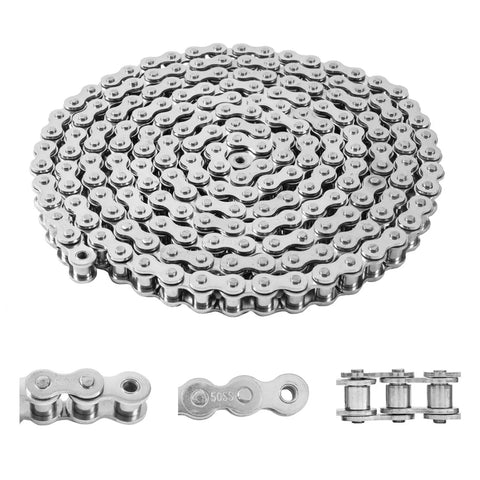 Close-up of Size 50 Stainless Steel Roller Chain 10 Feet Long With Two Master Links Single Strand For Chain Driven Gate Operators
