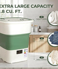No Sweat Portable Washing Machine And Slick Foldable Washer With 1.8 Cubic Foot Capacity features capacity details for adult tees and jeans.