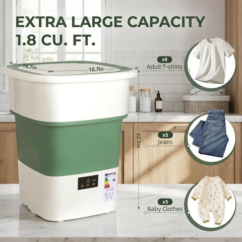 No Sweat Portable Washing Machine And Slick Foldable Washer With 1.8 Cubic Foot Capacity features capacity details for adult tees and jeans.