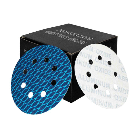 Blue Sander Sandpaper 5 Inch 8 Hole Disc With Hook And Loop Pads 240 Grit For Wood And Metal in front of black box.