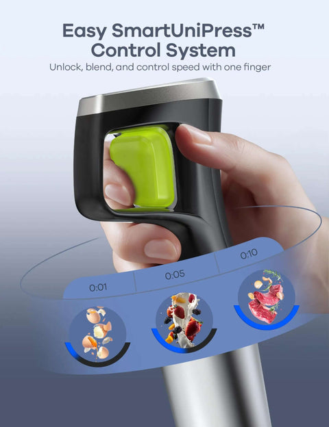 Easy SmartUniPress™ control system on Badass 1200W Immersion Blender with a hand pressing button for speed control.