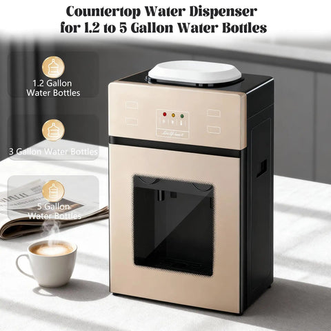 Top Loading Countertop Water Dispenser For 1.2 To 5 Gallon Bottles With Hot And Cold Water, Rotating Dual Spout, on table