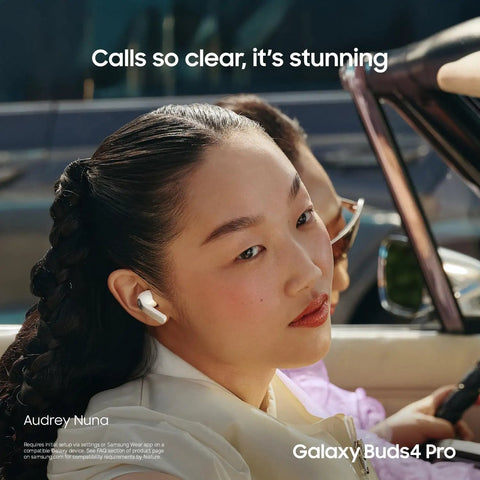 Person wearing Galaxy Buds 4 Pro 2026 AI True Wireless Earbuds With Hi-Res Audio And 2-Way Speaker ANC 2.0 in convertible car