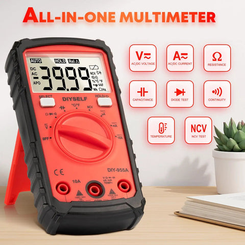 Red All Purpose Digital Multimeter 4000 Counts Auto Range with backlit LCD and function icons 