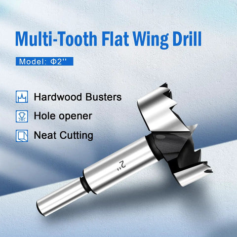 Multi-Tooth Flat Wing Drill Bit, 2-inch model for hardwood, hole opening, and neat cutting, Heavy Duty Carbon Steel Forstner Drill Bit Knocks Out Flawless Flat Bottom Holes In Wood And Plastic Without The Slack Or Fuss Packs Sweetly Into A Sturdy Storage Case So Your Gear Stays Neat And Ready To Roll.