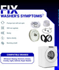 Image showing Washer Pulley Clutch Kit And Drive Belt For Whirlpool Kenmore Maytag 2 Piece Set with symptoms and compatible brands list.